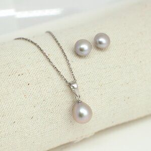 Sterling Silver Gray Pearl Necklace & Stud Earring Set